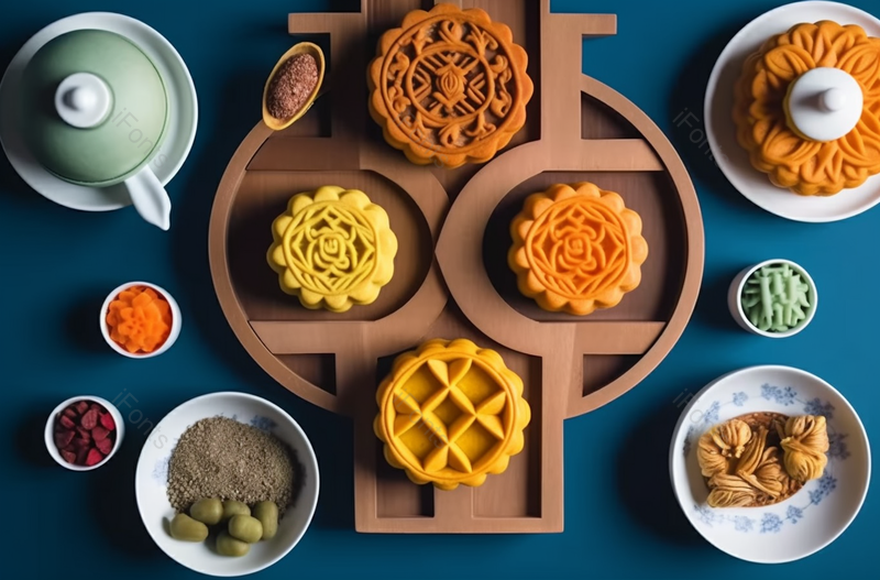 中式糕点月饼托盘茶壶圆盘摆拍俯拍,高清,摄影图,摄影图片,图片大全,摄影图免费下载